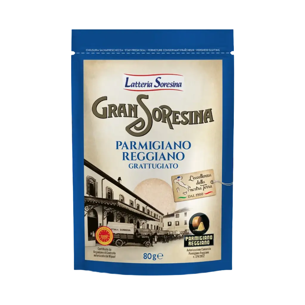 Queso Parmigiano Reggiano DOP rallado Gran Soresina en bolsa de 80 g.