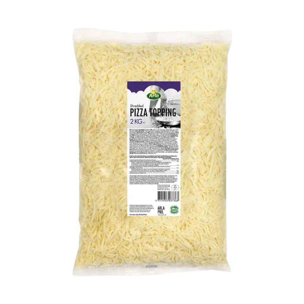 PizzaTopping Arla Pro 22 % en tiras, especialidad láctea para pizza y gratinados en bolsa de 2 kg.