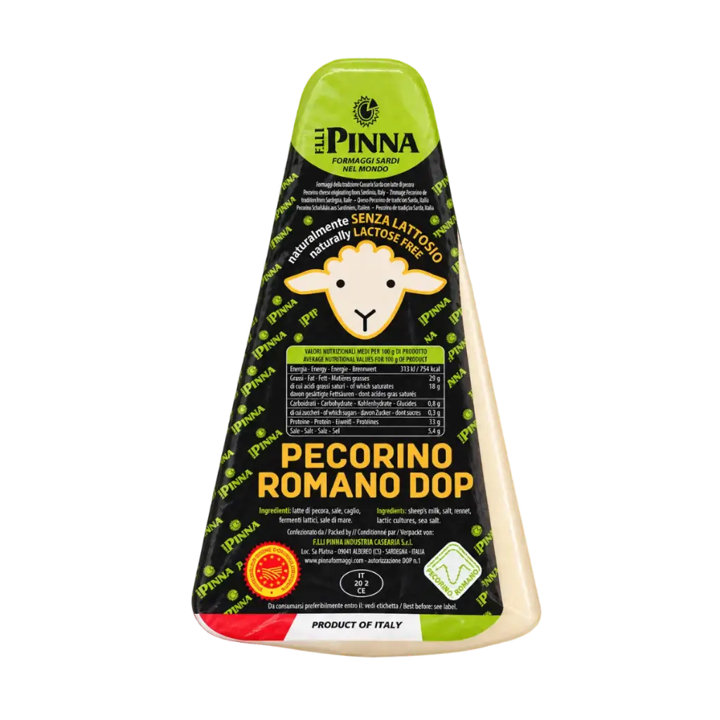 Queso Pecorino Romano DOP Pinna en cuña de peso fijo de 200 gramos.