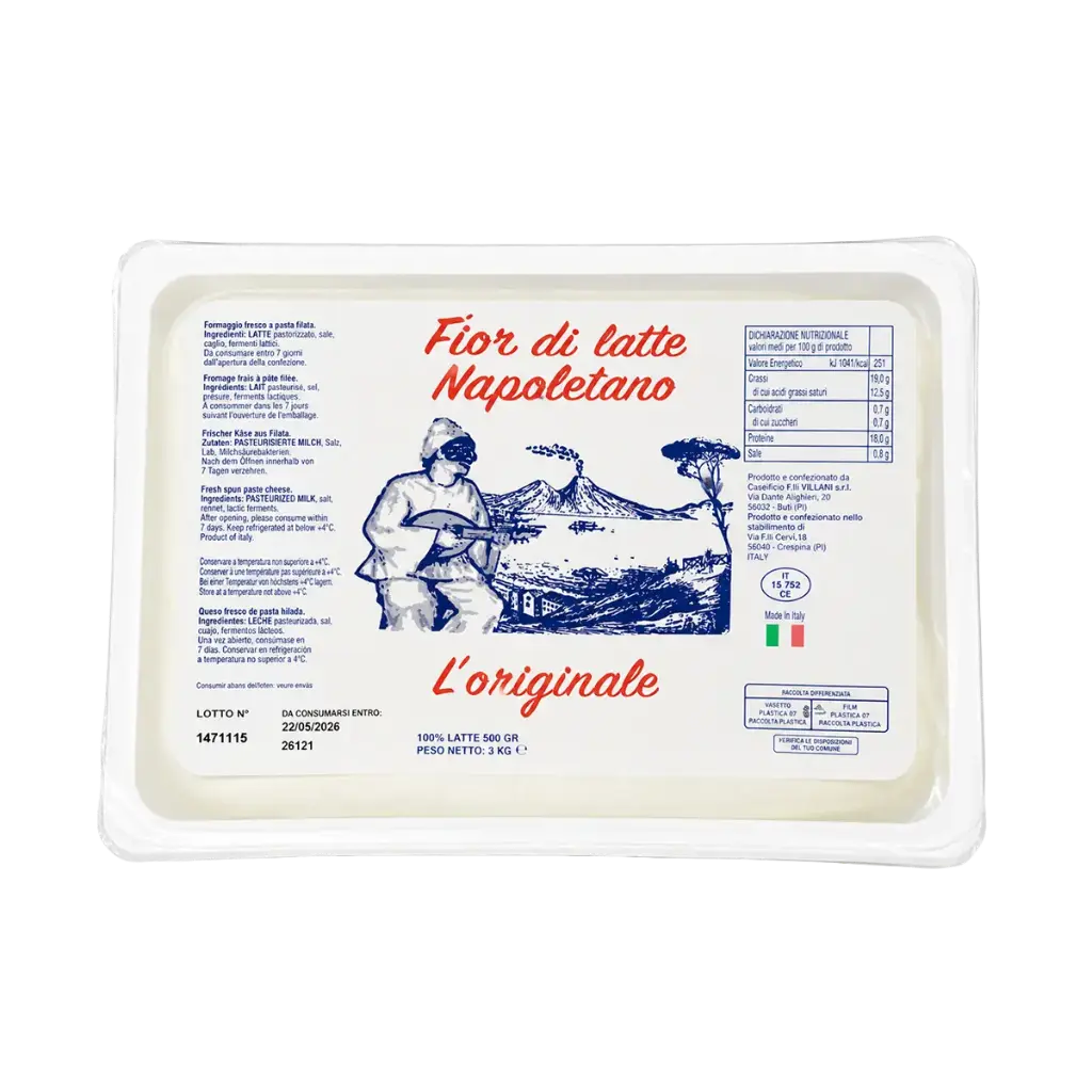 Fior di Latte Napoletano de Latteria Vesuviana, mozzarella fresca italiana de 500 g en formato de caja de 3 kg.