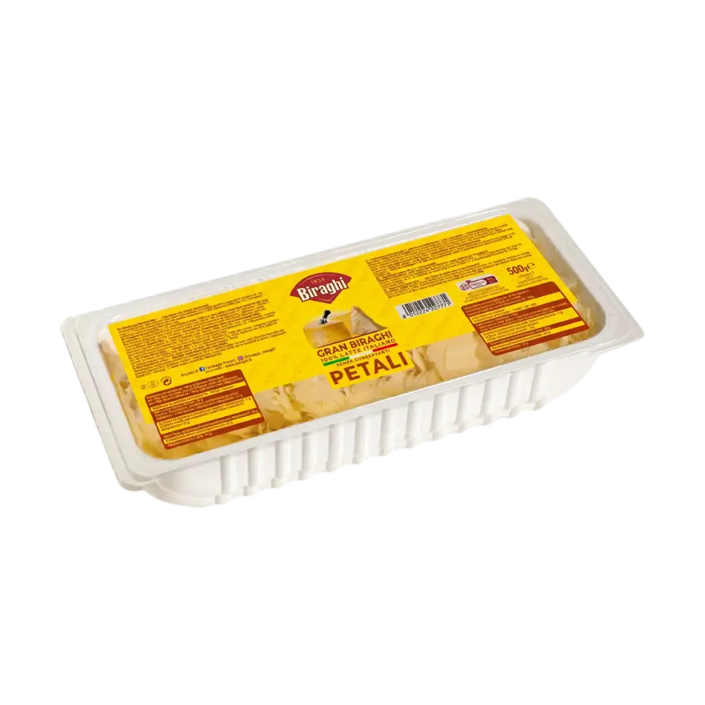 Pétalos de queso Gran Biraghi en finas lascas, formato de 500 g.