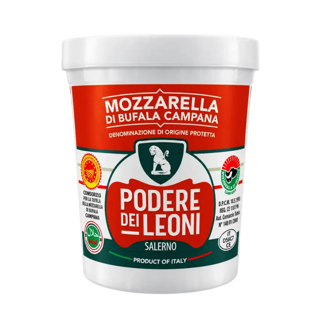 Mozzarella de búfala Podere dei Leoni de 125 g de peso escurrido, en su envase con líquido de conservación.