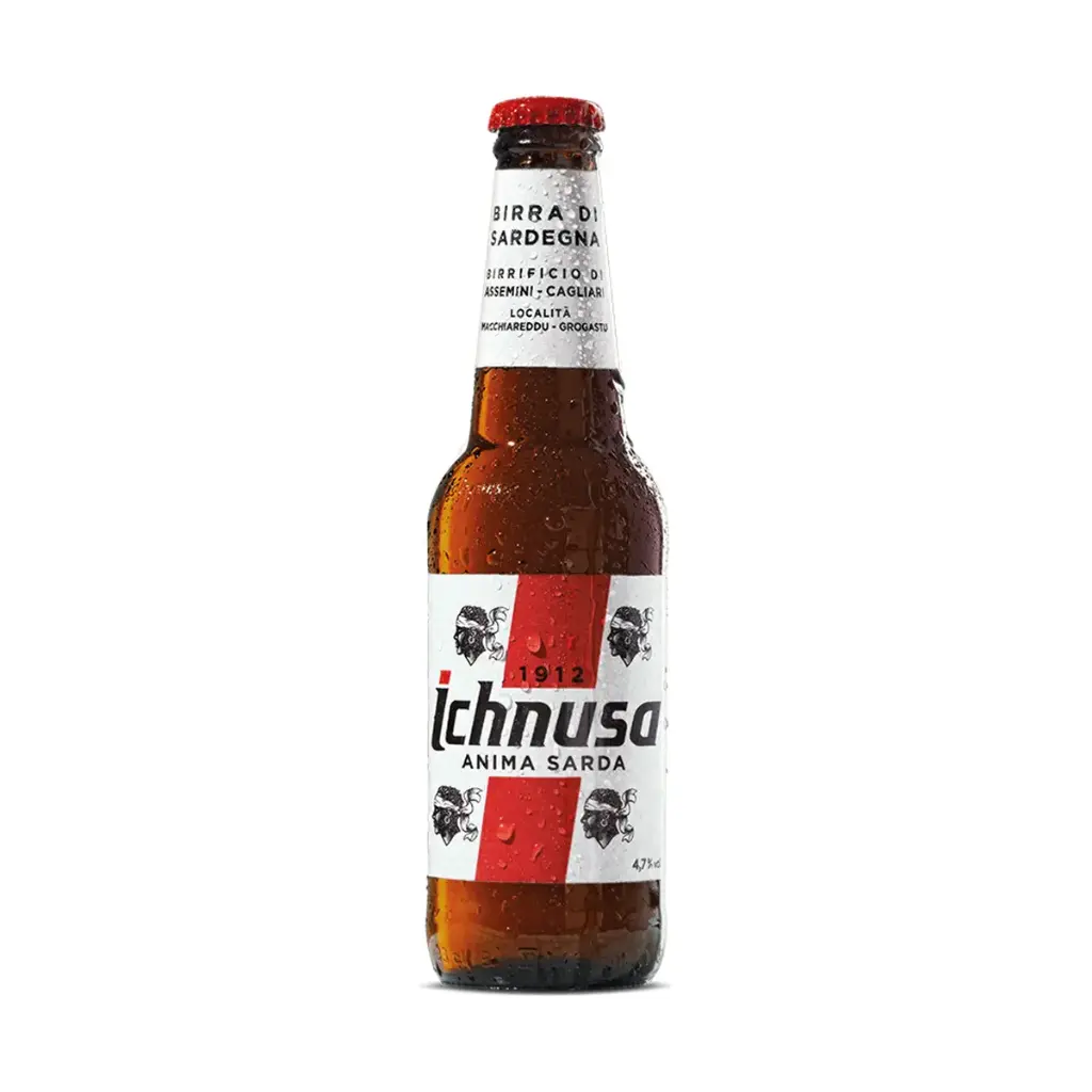 Botella de cerveza Ichnusa Original Standard de 330 ml, lager italiana con 4,7 % de alcohol.