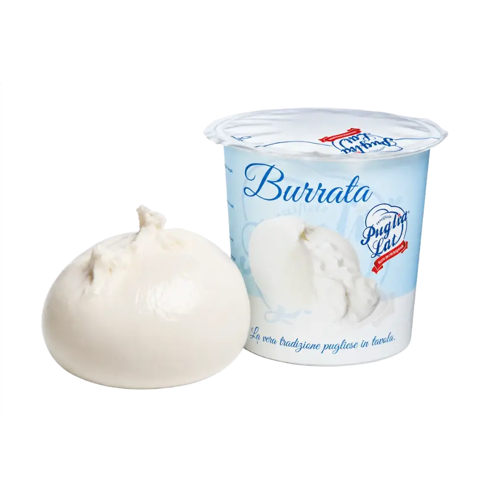 Burrata sin cabeza Puglialat de 200 g en vaso, queso fresco italiano relleno de stracciatella.