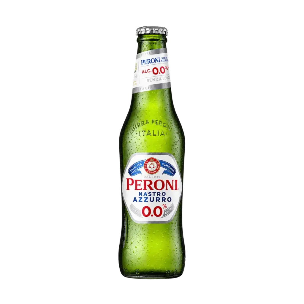 Cerveza sin alcohol Peroni Nastro Azzurro 0,0%, lager italiana de la marca Peroni.