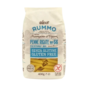 Penne Rigate sin gluten Nº 66 de Rummo, pasta italiana de arroz y maíz en paquete de 400 g.