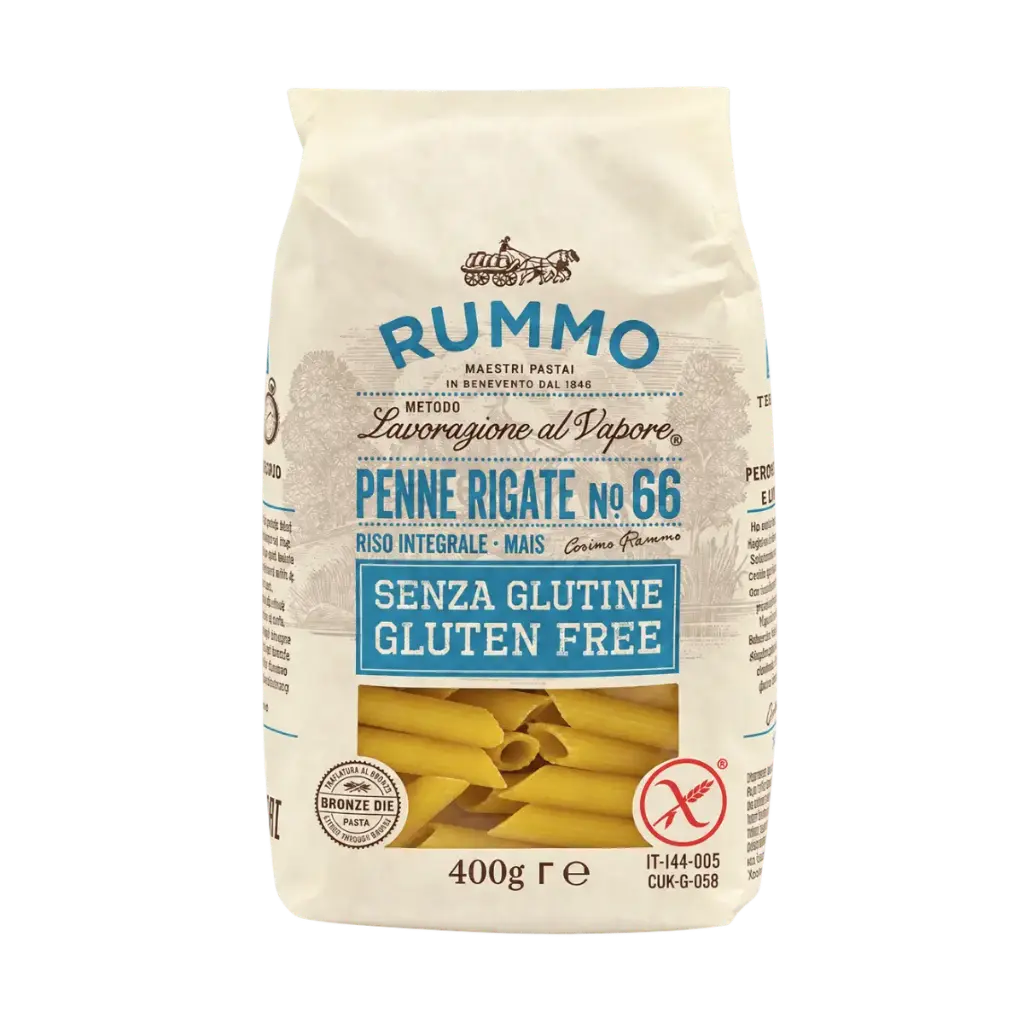 Penne Rigate sin gluten Nº 66 de Rummo, pasta italiana de arroz y maíz en paquete de 400 g.