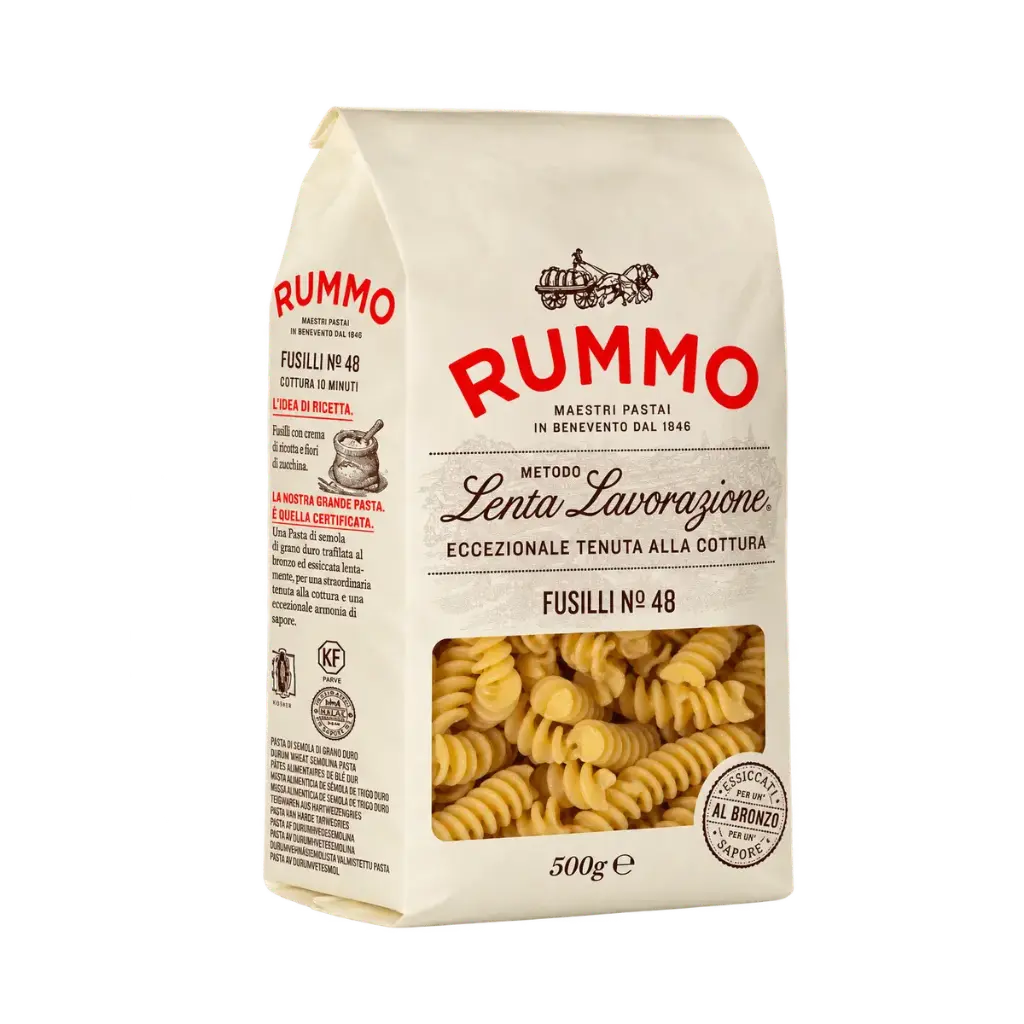 Fusilli Nº 48 Rummo, pasta italiana de sémola de trigo duro en formato de 500 g.
