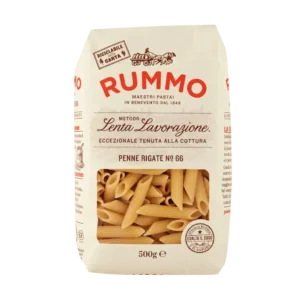 Penne Rigate nº 66 Rummo, paquete de 500 g de pasta italiana de trigo duro trefilada al bronce.