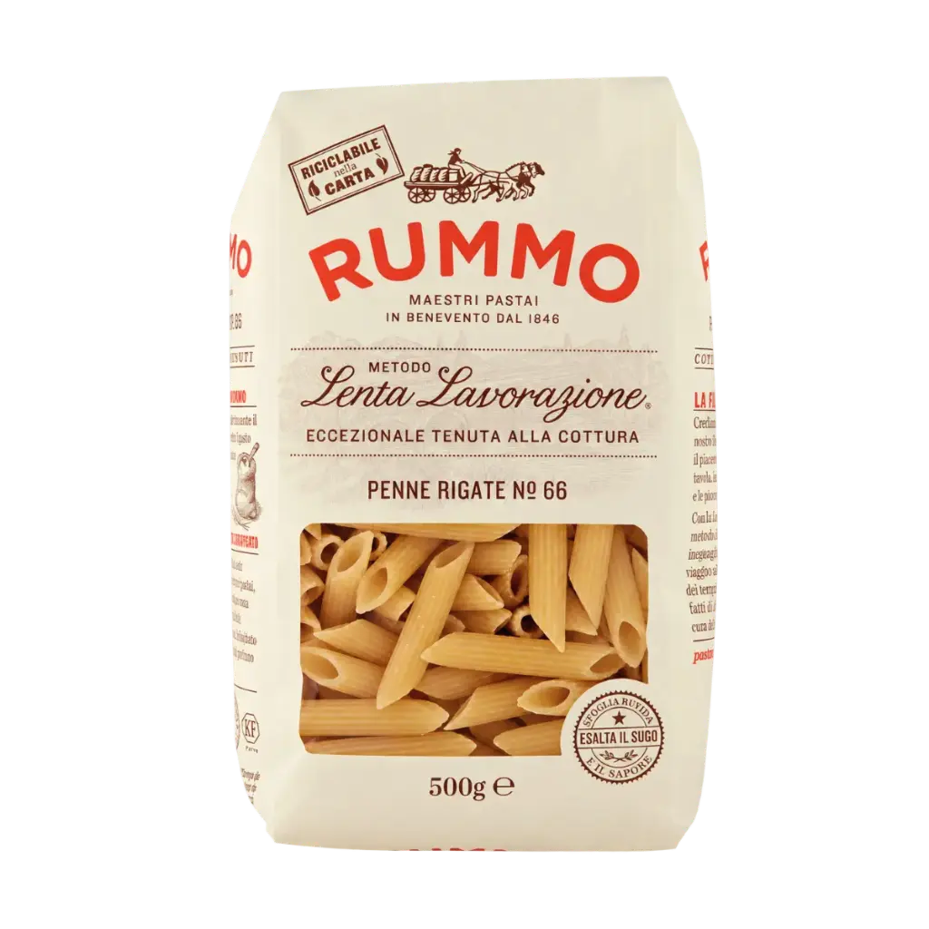 Penne Rigate nº 66 Rummo, paquete de 500 g de pasta italiana de trigo duro trefilada al bronce.