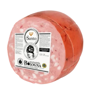 Mortadela Bologna IGP La Santo con pistachos Villani, media pieza ovalada de aproximadamente 4,5 kg.