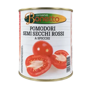 Lata de tomates cherry rojos semisecos en gajos Bonetto de 850 ml, con etiqueta blanca e ilustración de tomates rojos.