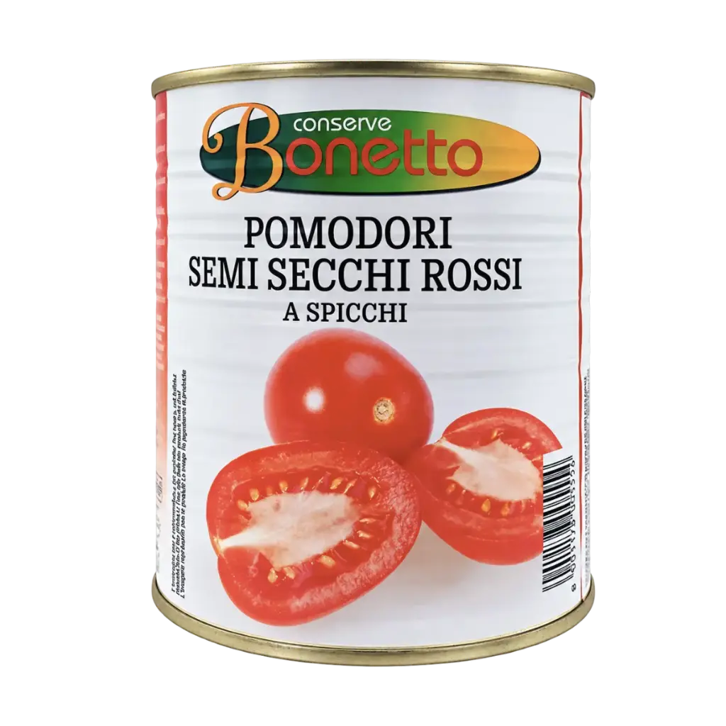 Lata de tomates cherry rojos semisecos en gajos Bonetto de 850 ml, con etiqueta blanca e ilustración de tomates rojos.