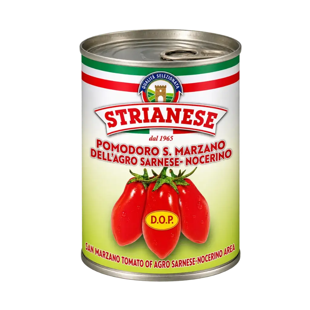 Tomate San Marzano DOP Strianese de 400 g, conserva italiana de tomates enteros pelados en su propio zumo.