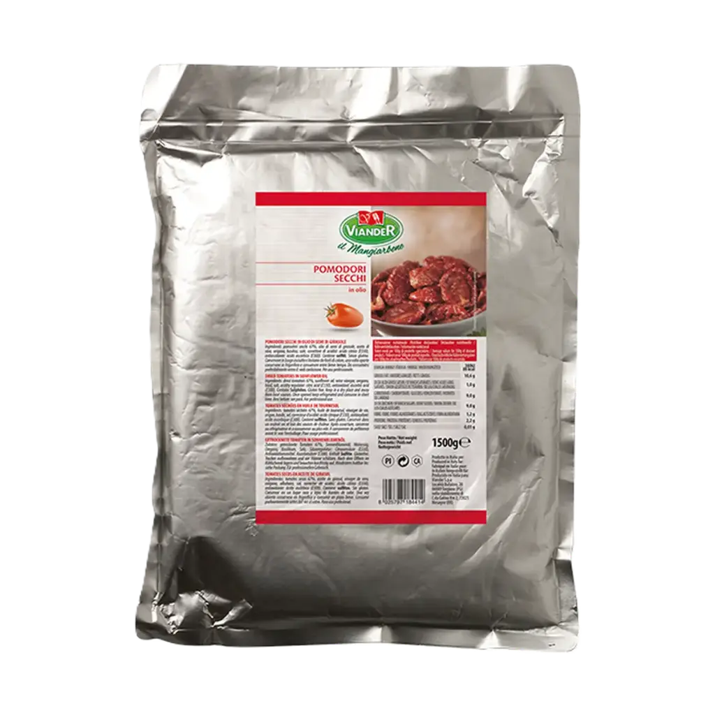 Bolsa de tomates secos Viander conservados en aceite de girasol, formato de 1,5 kg de peso neto.