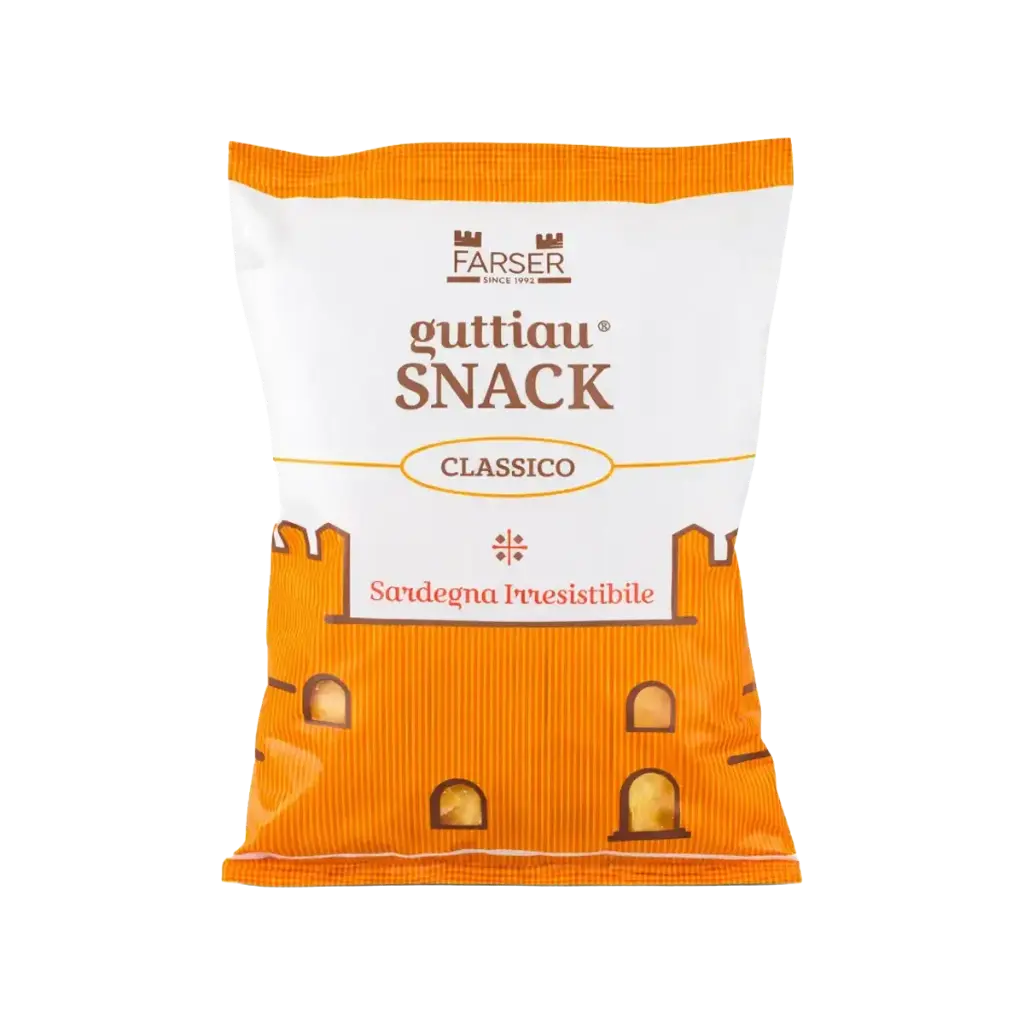 Snack Guttiau Clásico Farser 70 g, aperitivo sardo de finas láminas crujientes de pan de trigo duro.