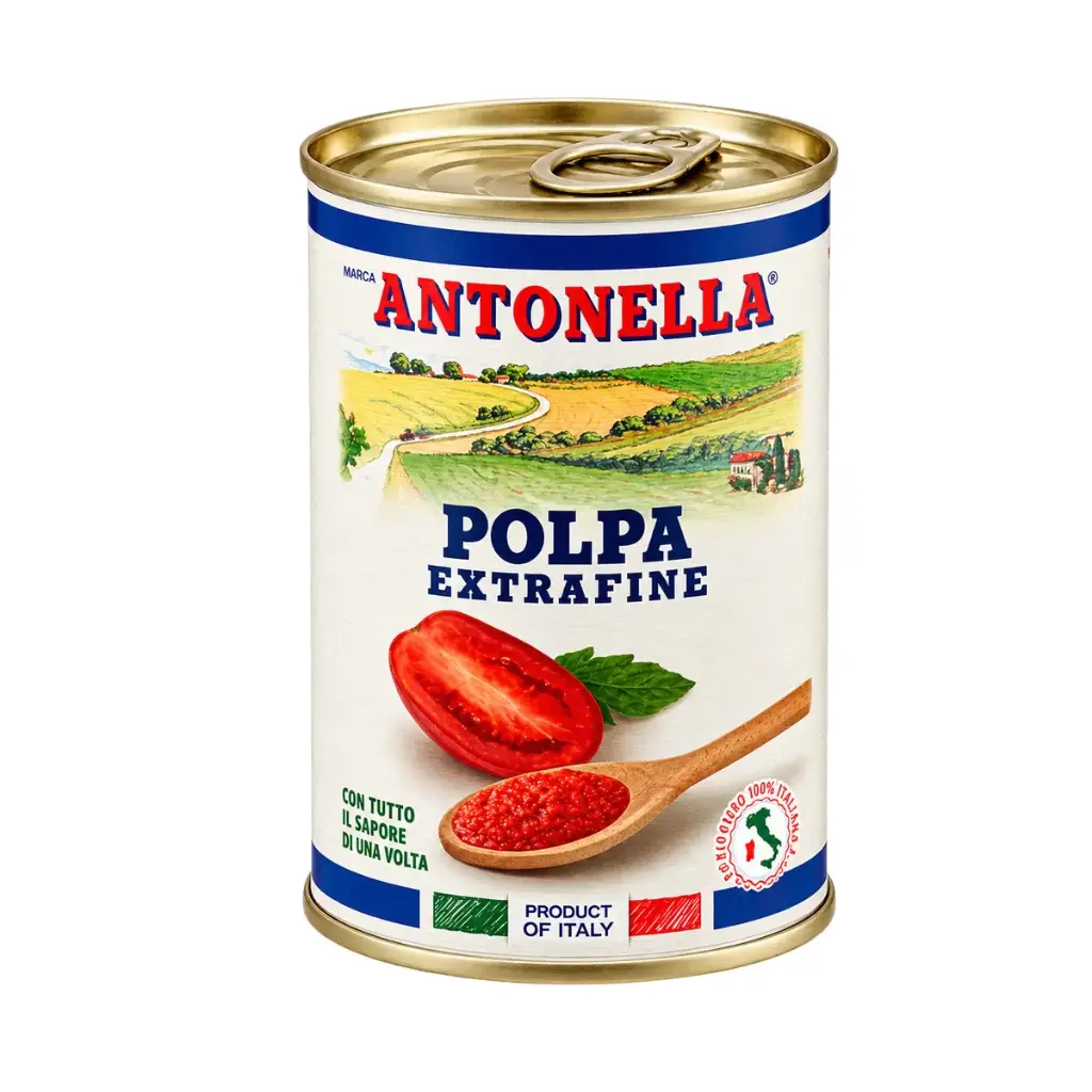 Pulpa de tomate extrafina Antonella en lata de 425 ml y 400 g de peso neto.